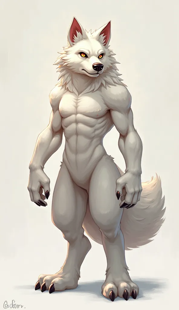 furry art style wolf oc full body You have a humanoid upper body with the usual torso, arms, hands, and fingers, mostly covered in a layer of white fur. in illustration