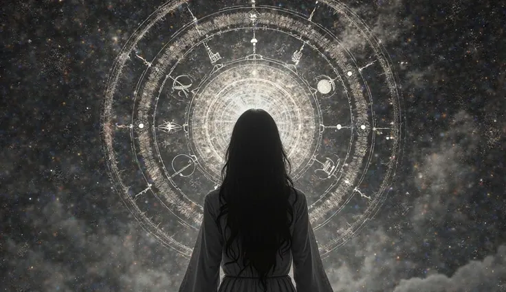 YouTube video cover, mapa astral, Neptune in astrology,  high contrast,  Cinematographic , high resolution, Woman looking at the planets Neptune and Saturn, zodiac wheel showing the sign of Aries, From the point of view of the Earth, woman with long dark h...