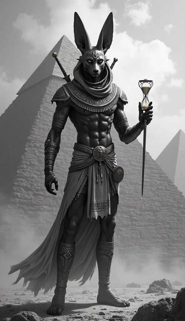 Anubis wearing an hourglass and coming out like swords behind his back with black and white Egyptian pyramids in the background 
