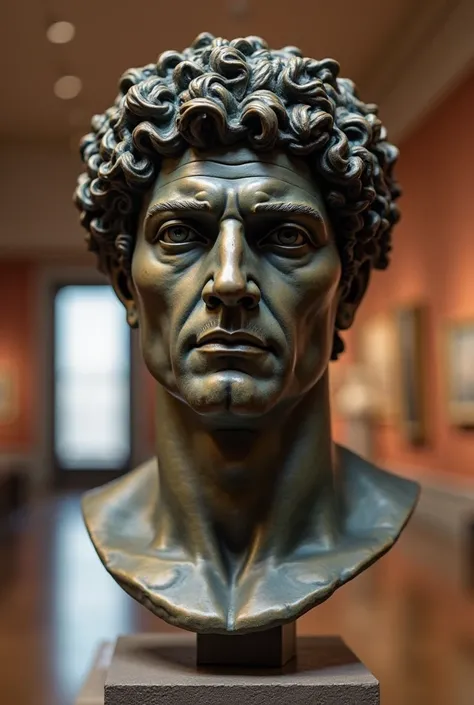 The bronze head of the Roman emperor Hadrian rests on a pedestal in the museum, with strict facial expression and finely chiseled curls.