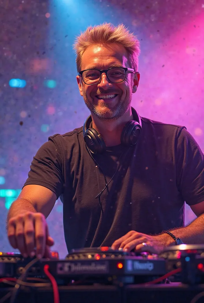 DJ, with glasses,  blond short hair, he is 40 years old,  he is smiling, You see it from the front, He is standing in front of the DJ desk, He is shaved , He cheers 