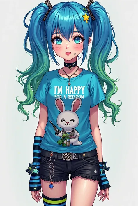 A slender body type young woman with sharp eyes with black dots as pupils, with vivid blue eyeshadow and a small star-shaped beauty mark under the right eye, and blue lipstick. She has shaggy layered long blue hair with green ends and raccoon tail style st...