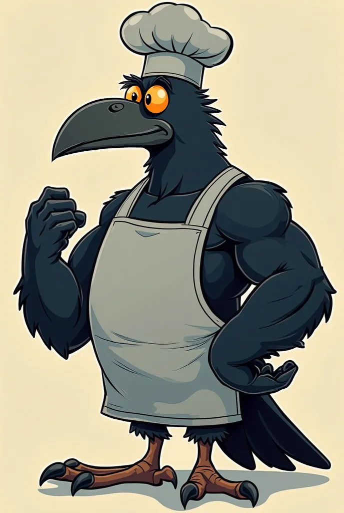 A muscular crow in the classic animation style of the 1920s, similar to the art of 'Cuphead' and old Disney animations. The raven is shown from the waist up,  with a confident and determined posture . He is wearing or holding an item related to nutrition o...