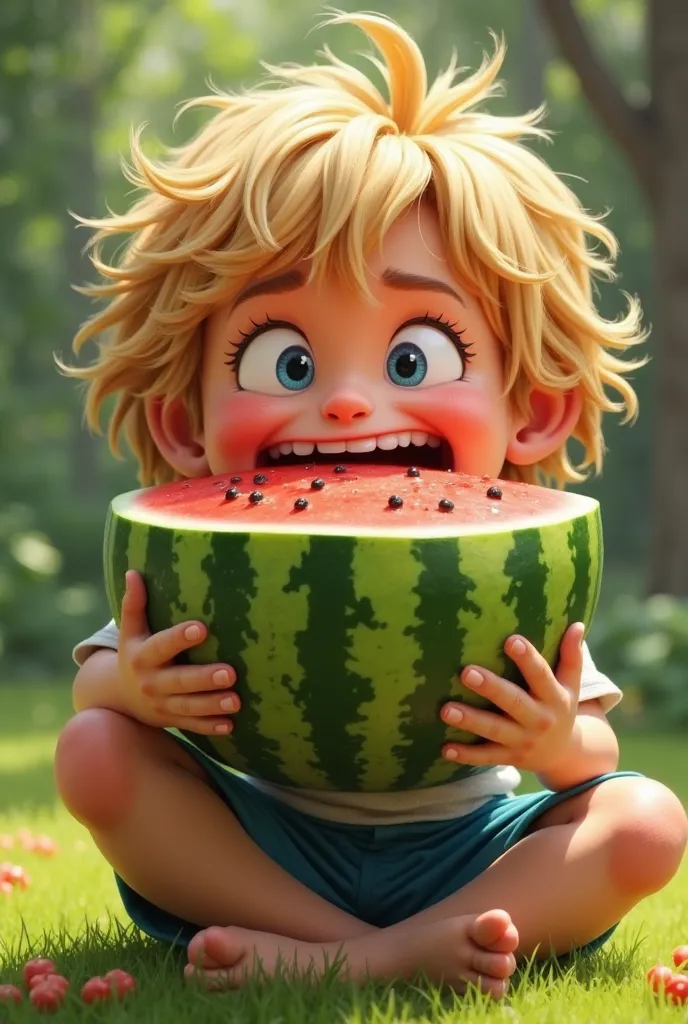 Long-haired blonde boy tries to put a big watermelon in his mouth