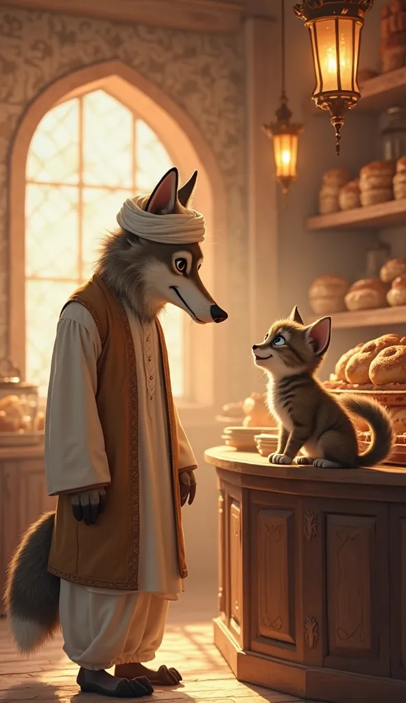 Inside the bakery, an elderly anthropomorphic wolf in a traditional light brown kurta and white skullcap watches Ayaan (A young anthropomorphic tabby kitten, wears a slightly oversized white shalwar kameez and a neatly tied white Muslim skullcap) with a ki...