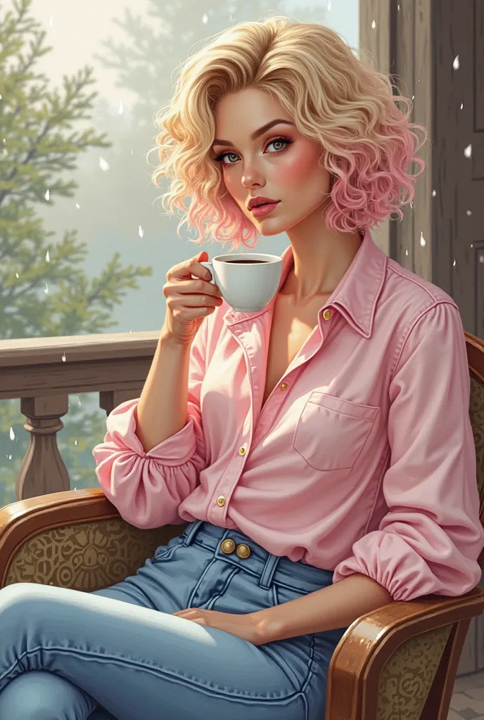  create an adoodle art design  . A light beige skinned woman,Short curly blond hair,She has a lock of pink hair, brown eyes,wearing stylish jeans and a cool light pink blouse. she is sitting in an armchair, on the porch of a country house ,cold weather,I d...