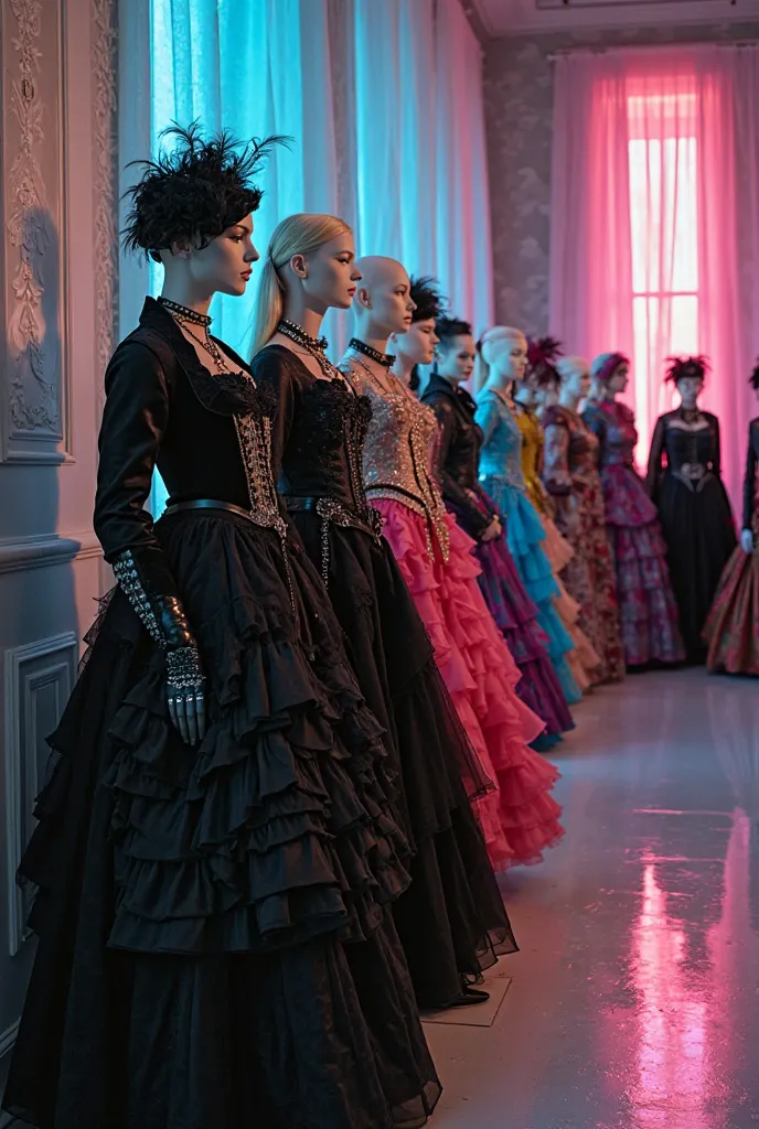 In a surreal space, a row of mannequins lines up. On one side, the mannequins wear gothic outfits with elegant and dark silhouettes: black leather corsets with intricate lace, garments, long velvet coats with baroque details and Victorian-inspired dresses ...