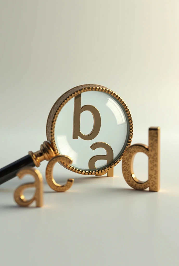 Generate an image of a magnifying glass focusing on the letter B. Next to the magnifying glass the letters A must appear in the image,  C and D . 