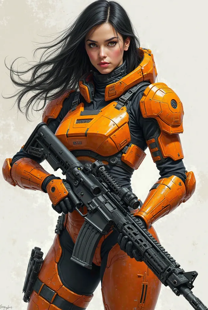 A pretty woman with black hair and brown eyes in advanced orange armour and holding a advanced rifle.  Semi-rialstic 2d art.