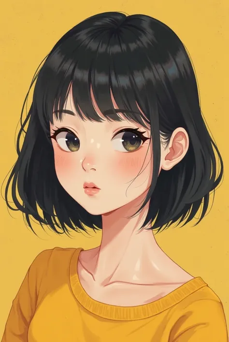 Closeup of a yellow top with black hair,  Torii Kiyomoto's painting , instagram, What is it An animated illustration inspired by?, is cute 얼굴의 여자, is cute ,  cute - delicate - face , 어리고 is cute 소녀,  young Asian girl , Nam Jaehyun,  young lovely Korean fac...