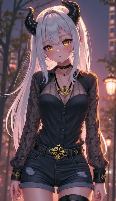  Create a girl with these features and anime style,  on an evening background 

[appearance: “Young 20” , “medium white hair with white locks”, "Demon Horns", "big hips","thick thighs", “Gold and Green eyes”]
[Clothes:  “black blouse with mesh sleeves” , “...