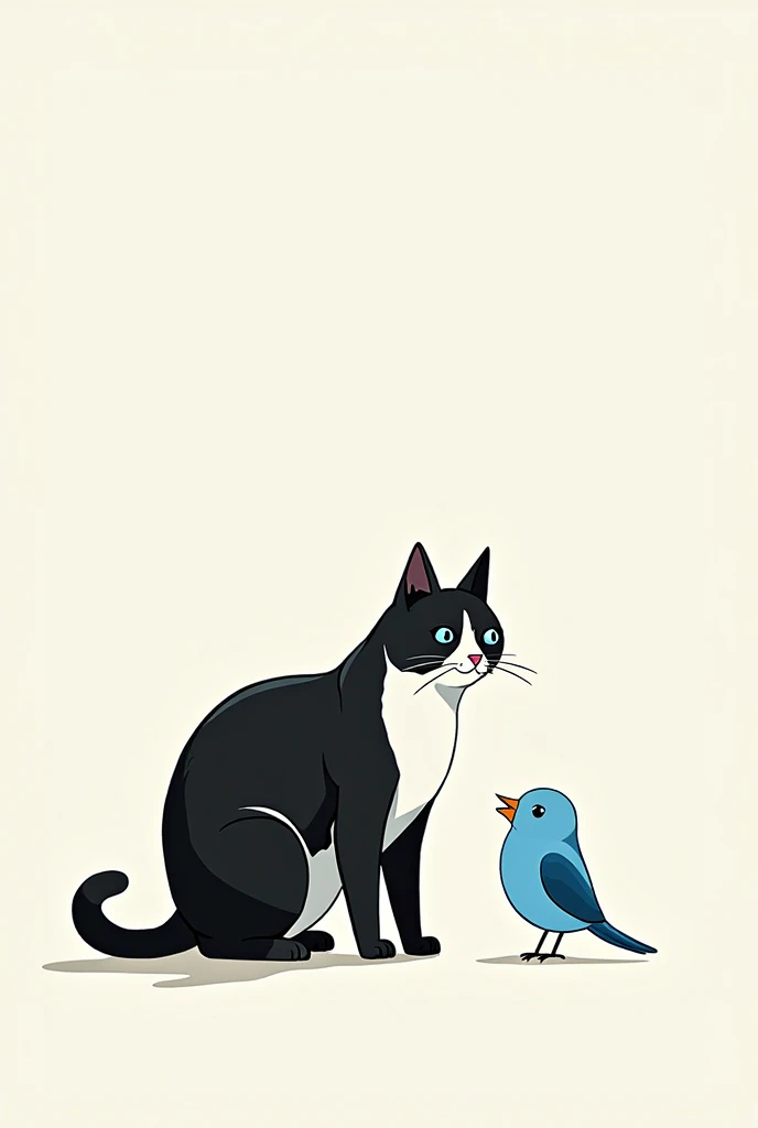 a black and white cat and a blue bird, features of the cute and minimalist drawing