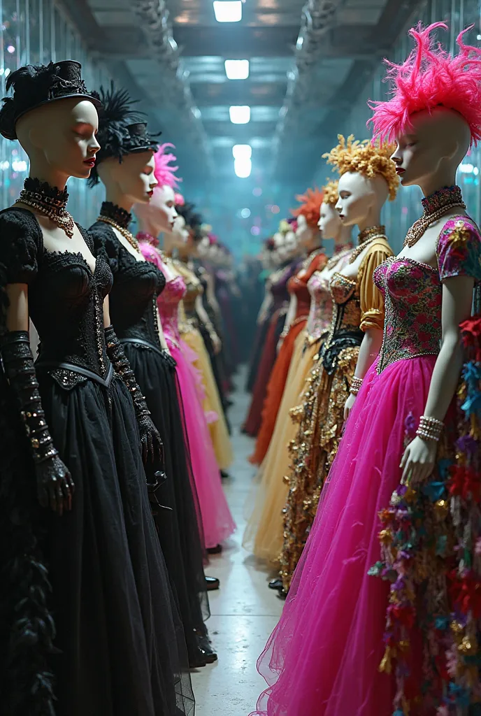 In a surreal space, two rows of mannequins line up. On one side, the mannequins wear gothic outfits with elegant and dark silhouettes: black leather corsets with intricate lace, garments, long velvet coats with baroque details and Victorian-inspired dresse...