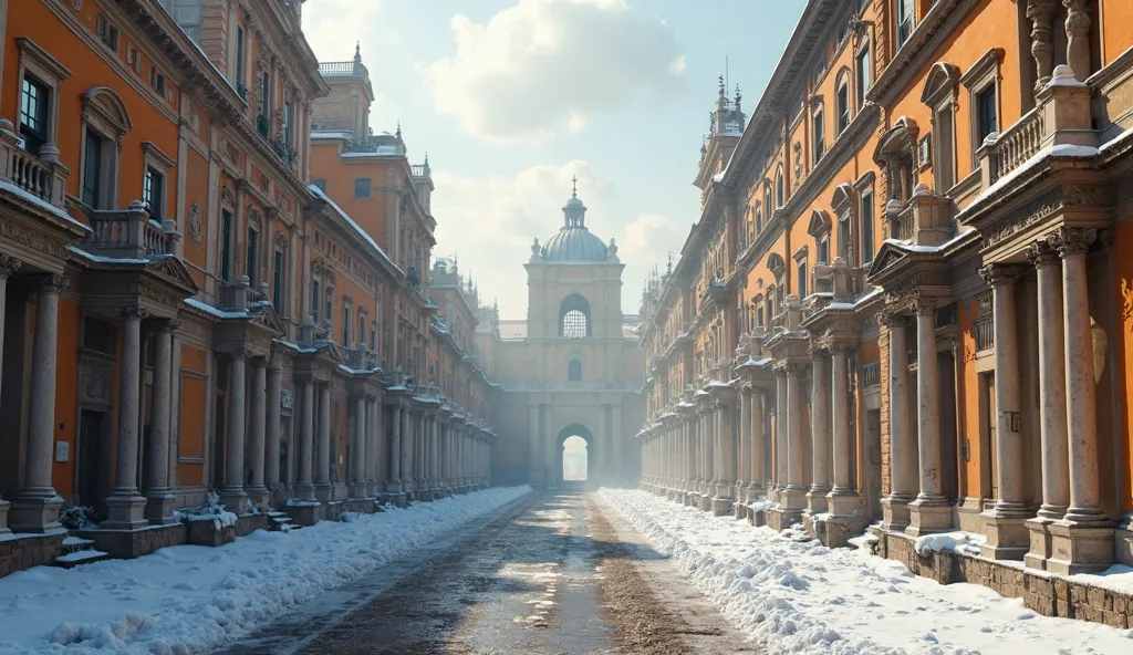 A cinematic photo shows the golden age of the Roman buildings in the winter,
show a street full of tons of old Roman buildings in the winter,e, masterpiece, winter, historical style, 100 buildings, mid frame, snowy pic, snow





