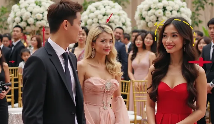 Image is a vibrant, formal event scene, possibly a wedding or ceremony, with a focus on three individuals in the foreground. A Thai man in a dark suit with a white shirt and tie stands to the left, with short brown hair and light skin. Next to him, a Thai ...