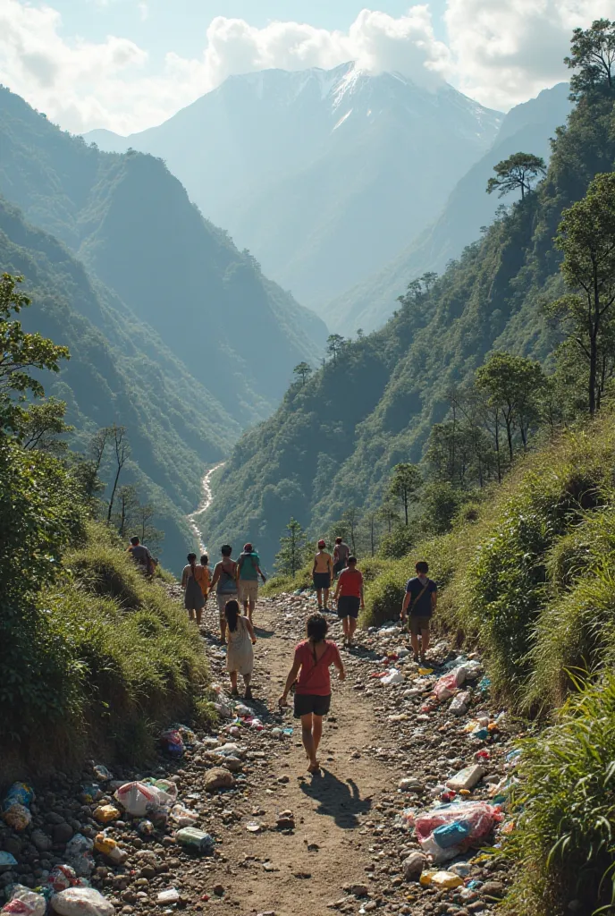 Draw people walking and throwing garbage on Gualchovan mountain in the Sierra Nevada de Santa Marta (Colombia)