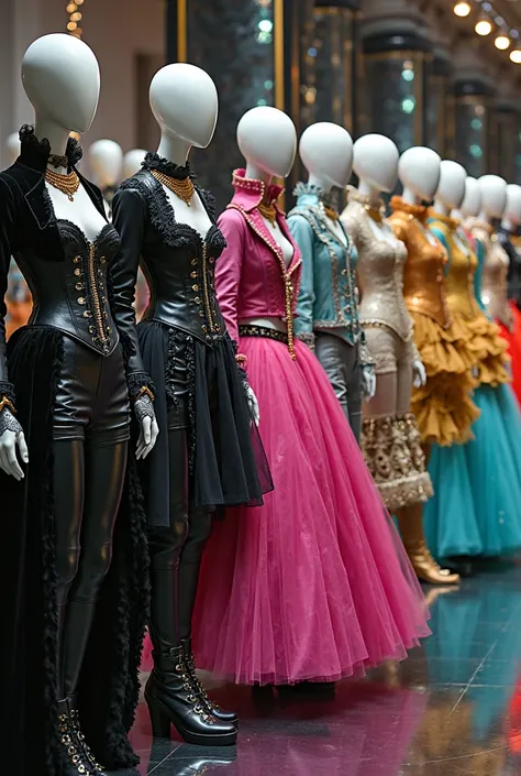 In a surreal space, a row of mannequins lines up. On one side, the mannequins wear gothic outfits with elegant and dark silhouettes: black leather corsets with intricate lace, garments, long velvet coats with baroque details and Victorian-inspired dresses ...