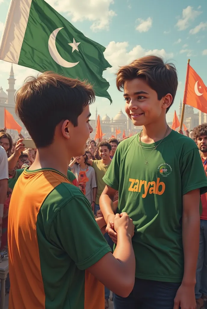 a 25 year old young boy wearing pti color t-shirt with name "zaryab"is written .front of boy has pti chairman imran.boy is shaking him.pti flag are flying in the back of them.and have many pti supporters there 3d art painting realistic photo 