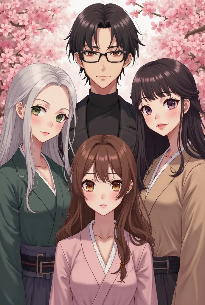 One man and three girls stand against the background of cherry blossoms, each with a unique appearance.
The first girl — with porcelain-pale skin, almond green eyes,  full of wisdom . Her elegant facial features are complemented by her subtle, curved eyebr...