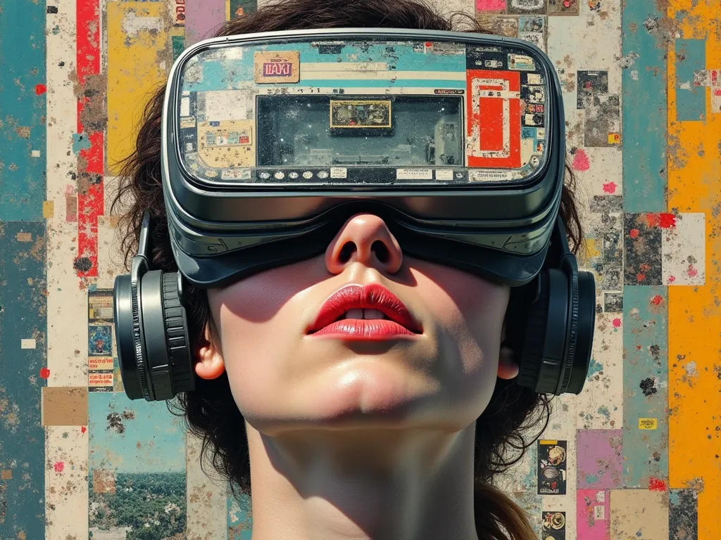 A digital collage depicting the face of a person wearing virtual reality goggles, composed of various elements such as screen fragments, rolls of old movies and vintage posters. The background is filled with many colorful textures including stripes, dots a...