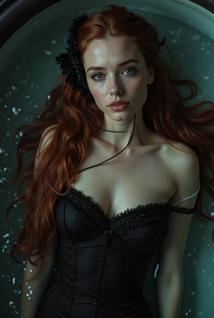 A woman with long, straight, dark-red hair, with features similar to Natalie Portman's. She is wearing an elegant black dress inspired by Padmé Amidala. She wears an elegant black dress, inspired by Padmé Amidala's costumes, with luxurious details. Her hea...