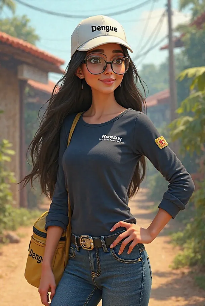 portrait of a young woman in the 3D Disney Pixar ,Long black hair style with blonde locks on the front ,Does it work on Dengue ,wearing a white cap with the name Dengue, is wearing a dark blue long sleeve blouse with the name agent to combat endemic diseas...