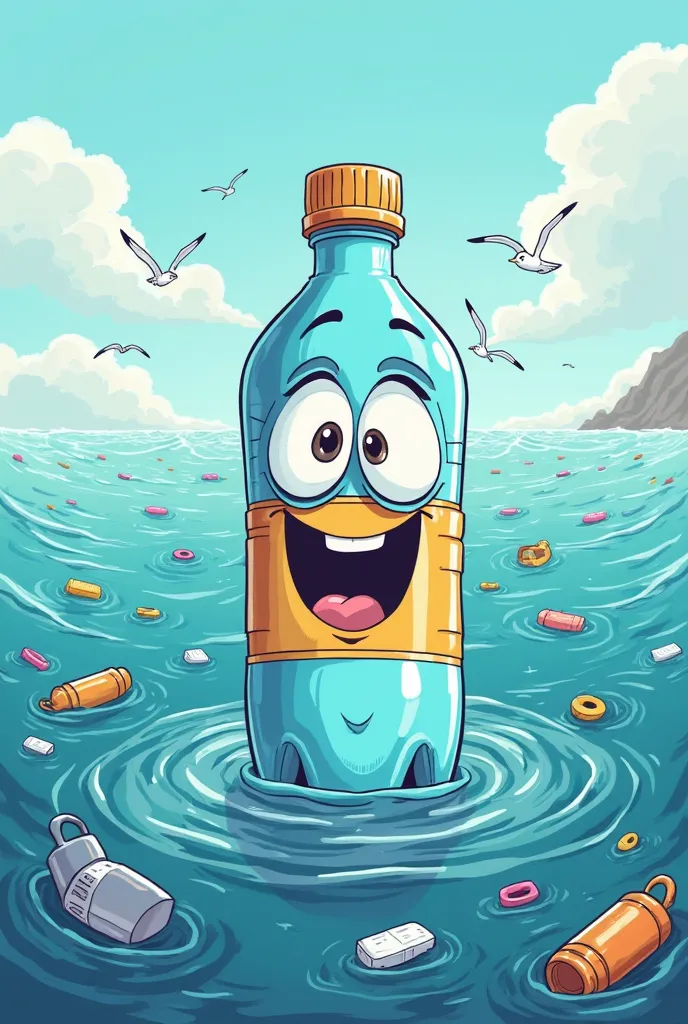 Comic-style digital illustration of a plastic bottle floating in the ocean. The bottle has big cartoonish eyes, a wide, optimistic smile, and looks cheerful as if it's starting an adventure. The ocean is full of floating plastic waste, but the bottle is ex...