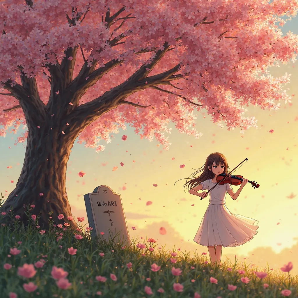 Under a majestic cherry tree in full bloom, a girl plays the violin with a gesture of melancholy. Her eyes reflect sadness while the breeze makes the petals pink Fall softly around you. next to her, a grave with fresh flowers rests in the shade of the tree...