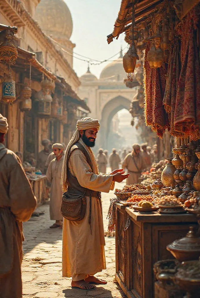 Prompt for Realistic Historical Image:

"A detailed and realistic historical scene set in medieval Baghdad, depicting a young merchant named Umar in his small but well-organized shop. Umar, a kind and honest man, wears traditional Islamic attire and stands...