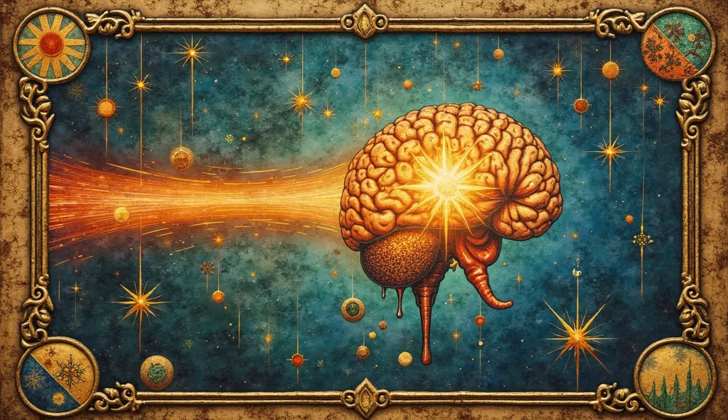 A glowing pineal gland emitting a stream of light and symbolic molecules, representing melatonin and DMT, visual arrangement similar to ancient Egyptian mural paintings with multiple story elements, medieval illuminated manuscript style with elaborate manu...