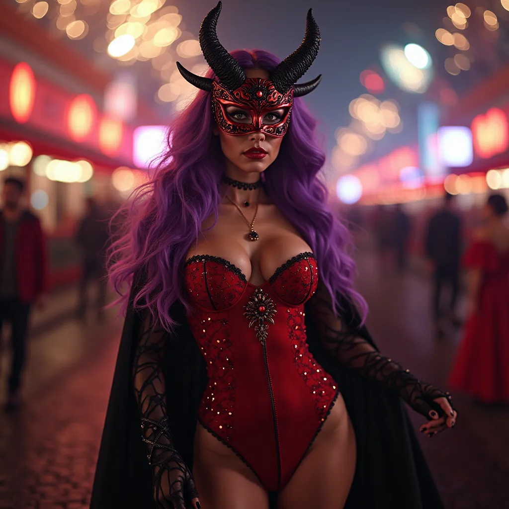 "A breathtaking, ultra-realistic scene captures a captivating woman at the heart of a **vibrant Carnival celebration**, exuding an aura of **mystery and seduction** in her **devil-inspired outfit**. Her **long, voluminous purple hair** cascades in soft wav...