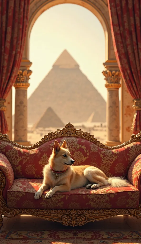 A young female dog in ancient Egypt sits on a sofa in her palace with a view of the pyramids