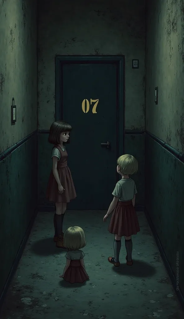 A picture of only a rather dark hallway with a door in half written in door number 07 and two girls standing in the back half of the hallway looking at the door