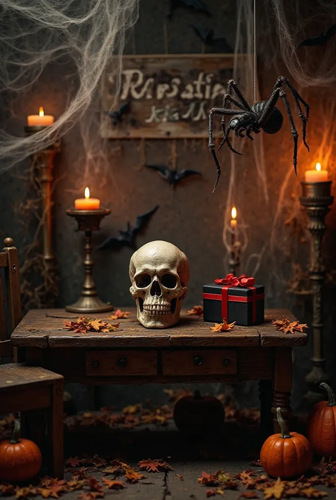 Here's a detailed prompt to generate the image of your diorama of Halloween:

"A spooky Halloween diorama set in a dark and dark setting. in the center, a skull with a macabre smile rests on an old, worn wooden table. At your side, a terrifying gift box wr...