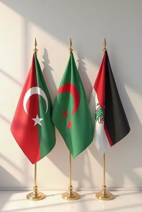 Generes une image avec trois vrai drapeaux sur un mur : Morocco, The flag of Algeria and Tunisia 