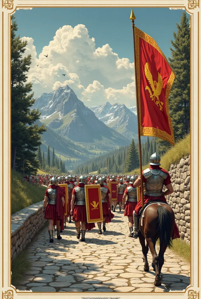 Create a high quality masterpiece in 1940s magazine cover style, yellow Latin letters with text "AUGUSTA PRAETORIA". Foreground: (((Stone road, (many Roman Empire soldiers looking at camera, in silver clothes, breastplate, silver helmet, holding in arm red...