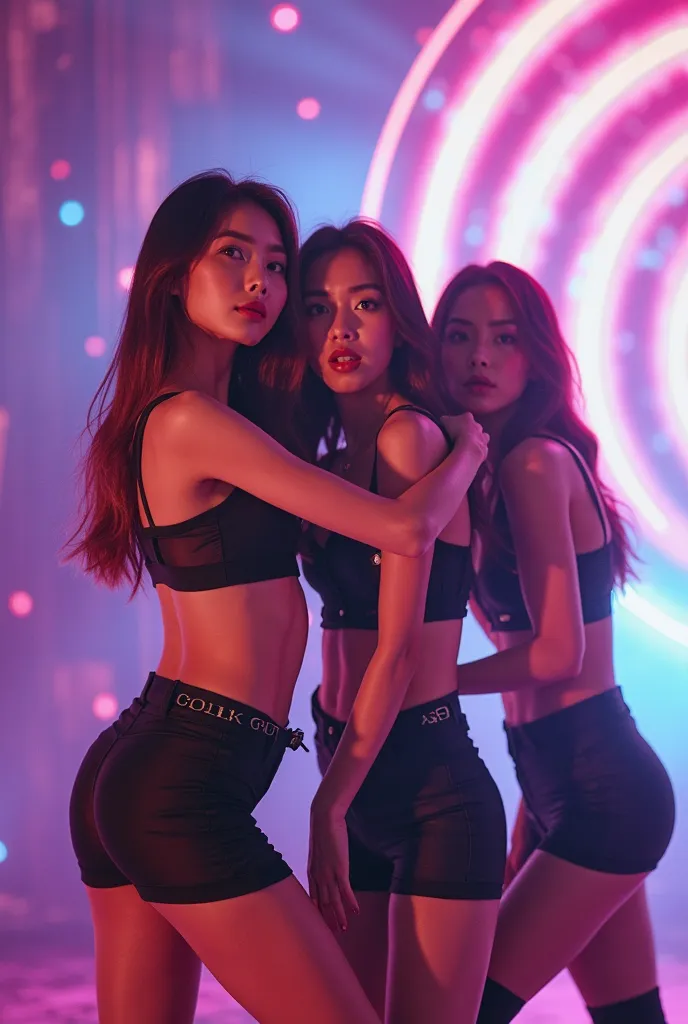 Blackpink grupo de young kpop/girls, doing a dance/challenge on stage/(while seducing the audience, hyper-detailed, photorealistic, 8K