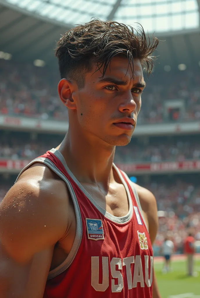 a young athlete , he's in the middle of an important competition. looks nervous , sweating and doubting himself
Picture about this 