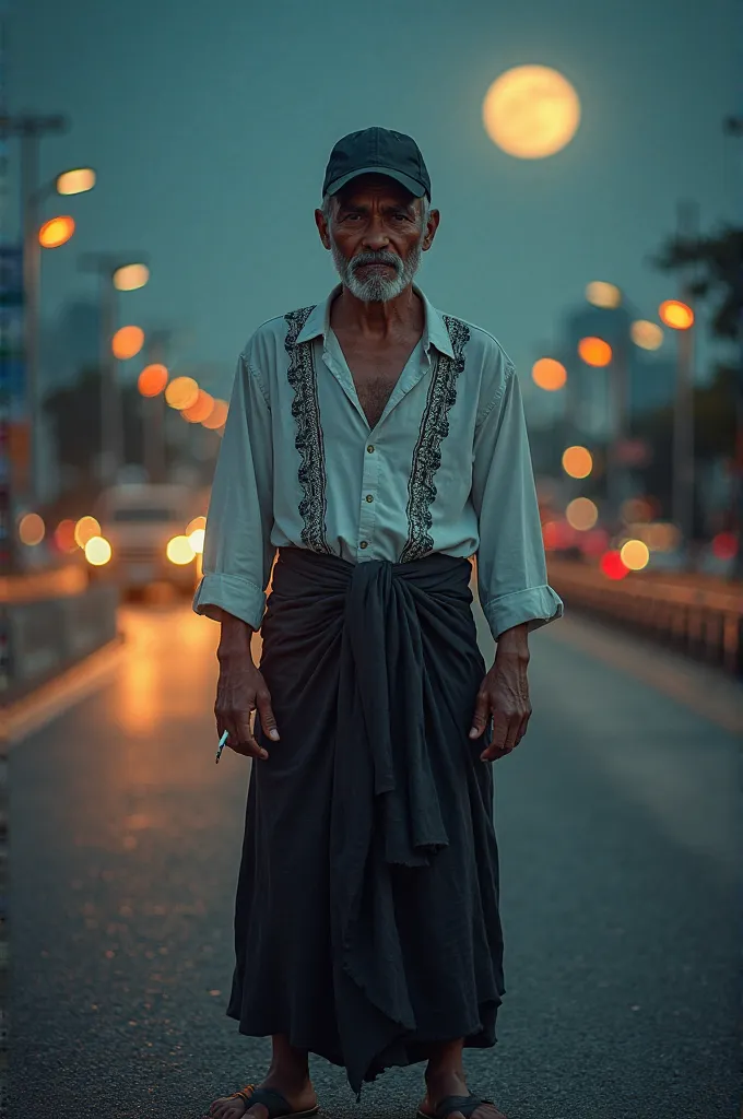 Create a realistic front-view photo of a 39-year-old Indonesian man, Wearing a black cap, white long-sleeved black embroidered coco shirt, sarong and flip flops, standing on a flyover under the lights and full moon while smoking a cigarette,  hyper realist...