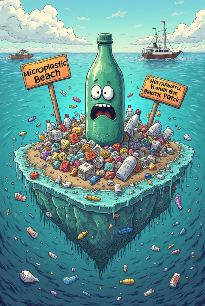 A highly detailed comic-style illustration of a fictional 'Garbage Continent' floating in the ocean, made entirely of plastic waste. The scene includes plastic bags, bottles, fishing nets, and microplastics scattered throughout the water. The plastic bottl...