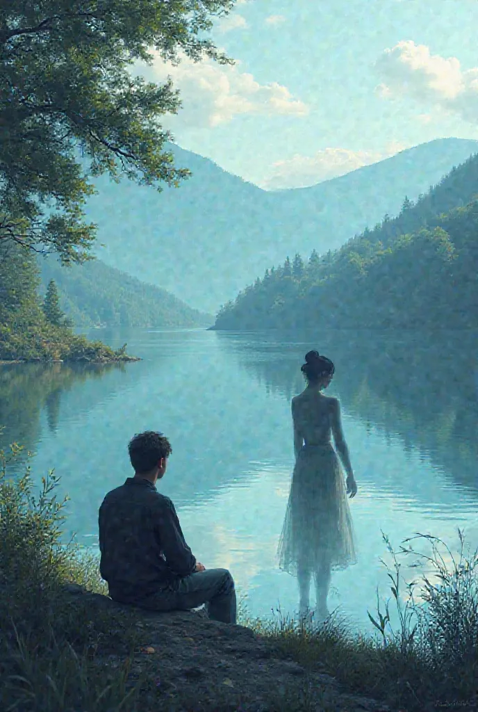 A man sitting alone by the lake, and to the right is a shadow of a woman. Both facing the lake whose waters are crystal clear