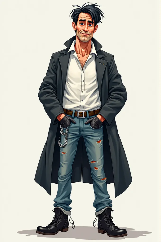 Create a cartoon style character, a white man with straight black hair, wearing a white shirt and a black lab coat, with jeans with a chain in his pants pocket, he also wears gloves and black leather boots