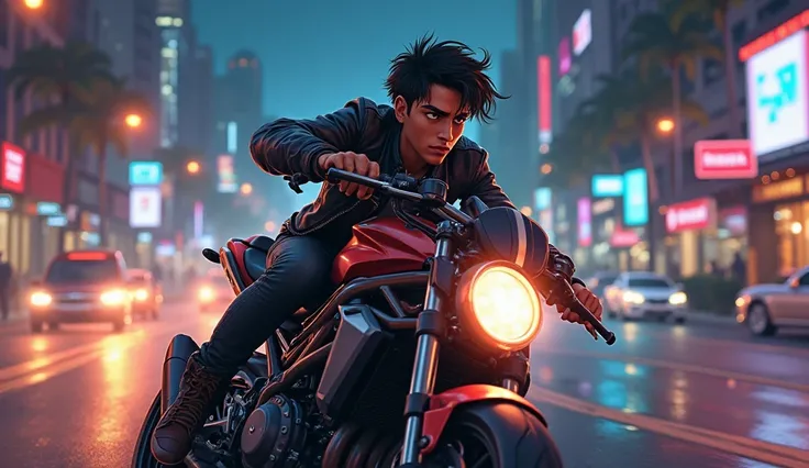 "A young man, 22 years old, with a defiant attitude, weaving through traffic on a bustling city avenue at night. He has tanned skin, short messy black hair tousled by the wind, thick eyebrows, and dark eyes filled with overconfidence. Wearing a worn-out bl...