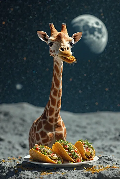 A giraffe in space with a disgruntled face eats tacos on the moon meme funny