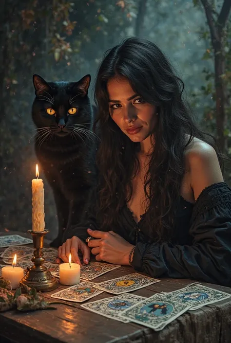 Tarot cards placed on a table, candles are burning, next to a woman is sitting a black big cat, 