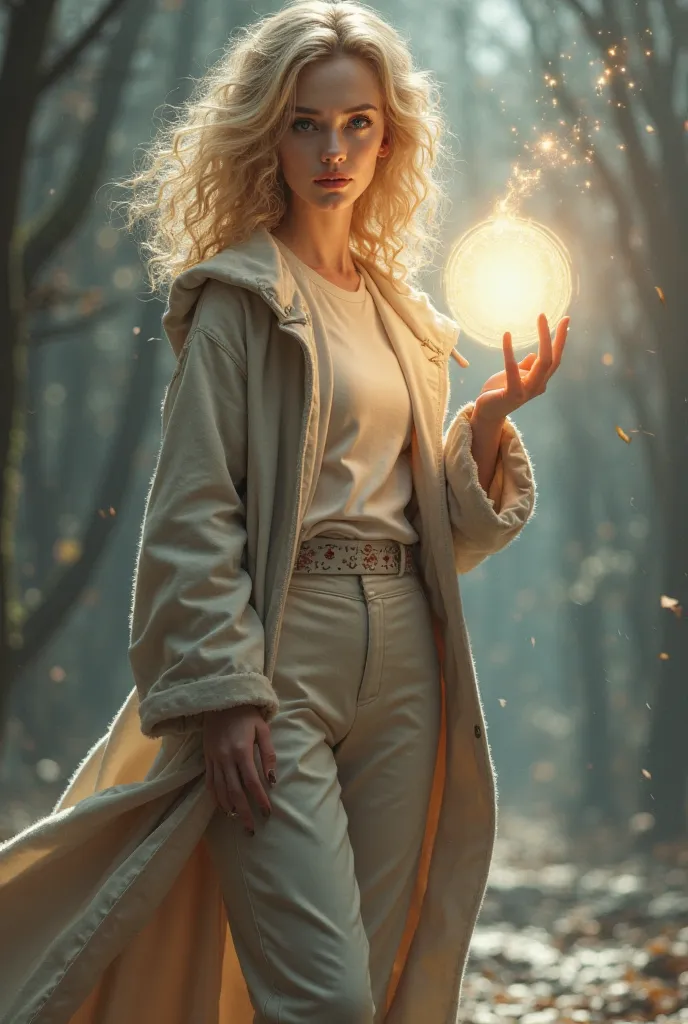 Young Woman with bright blond curly hair and bright grey eyes and pale skin in a beige pullover and beige trousers with patent leather shoes in bordeaux red and a beige coat with hood holding a sphere of magic light in her hand