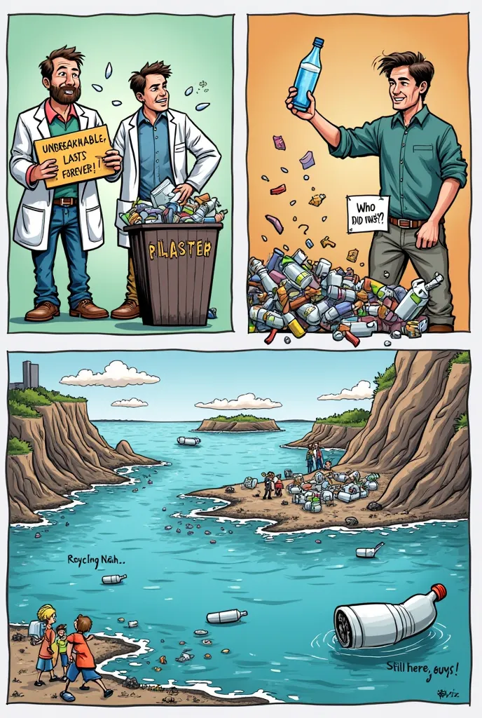 A four-panel comic-style illustration with exaggerated humor, showing how humans created and mishandled plastic. Panel 1: Scientists in a lab proudly invent plastic, holding a sign that says 'Unbreakable, lasts forever!' Panel 2: A human throws a plastic b...