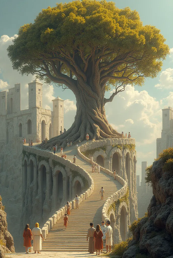 "A colossal tree, with exposed roots and an imposing trunk, rises above a floating classic-style city, filled with white arches and aerial passages. The treetop shines in golden tones, as if absorbing the light of the sky. Figures in light tunics circle th...