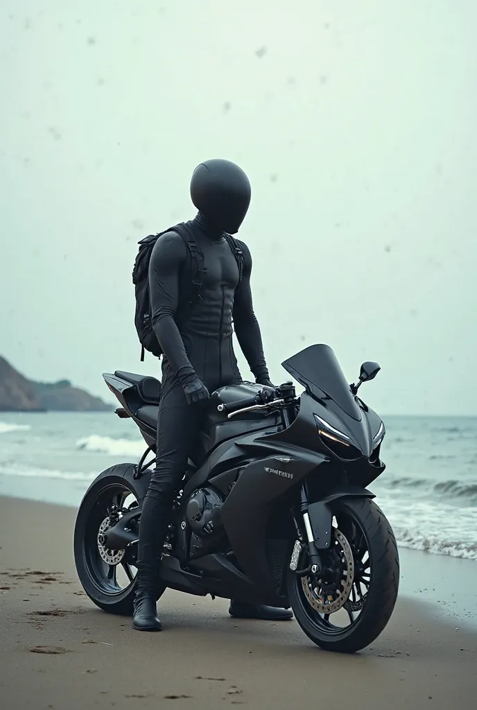 Generate an image of a man in black clothes with a helmet on and backpack on a Yamaha R6 motorcycle parked on the beach and watching the waves of the sea 