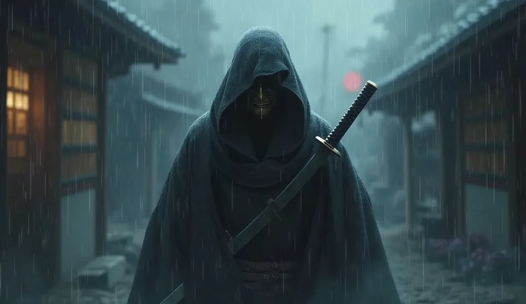 Barely visible Samurai:1.5 ((hiding)), Realistic, holding an unsheathed Katana, Black clothing, Anime Quality, Bad Weather, hidden face, wearing a Mask, Horror